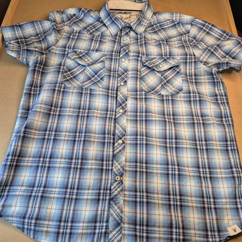 Roebuck & Co Light Blue Plaid Short-Sleeve Pearl Snap Shirt 3302/394